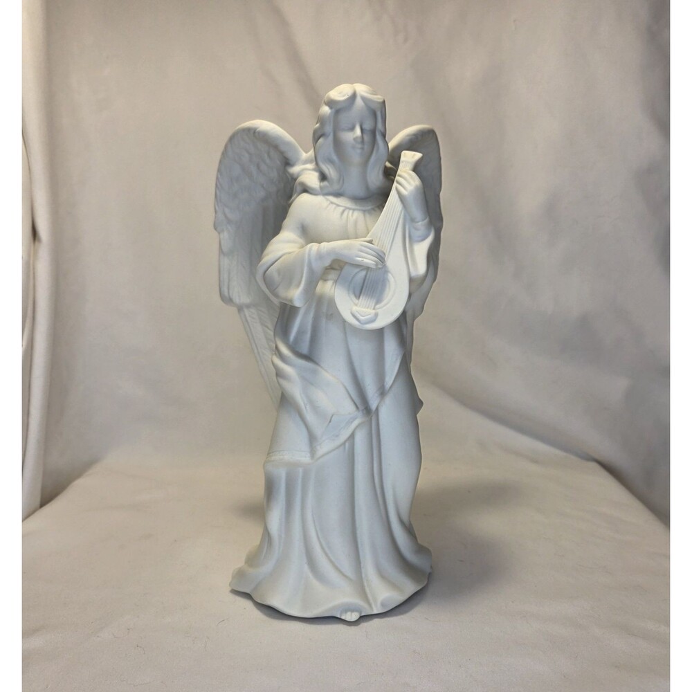 Retired PartyLite Bisque Candlestick Holder 9.5" Tall Angel Playing Lute